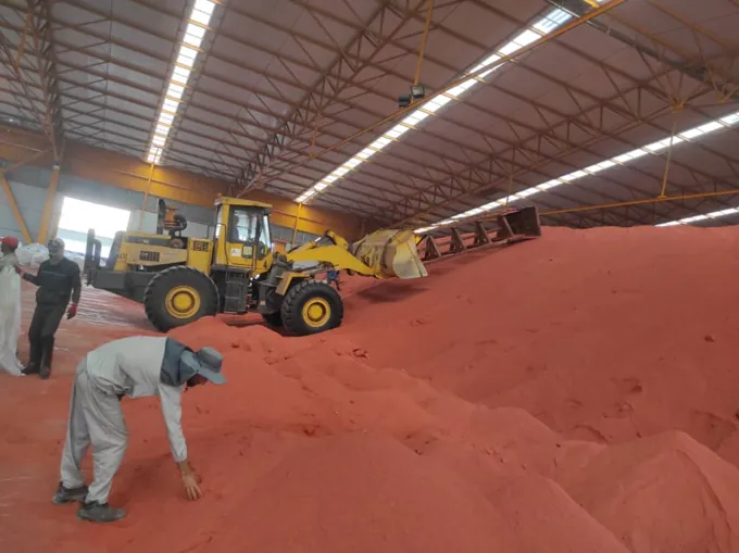 Wheel loader working with bulk cargo inside a warehouse